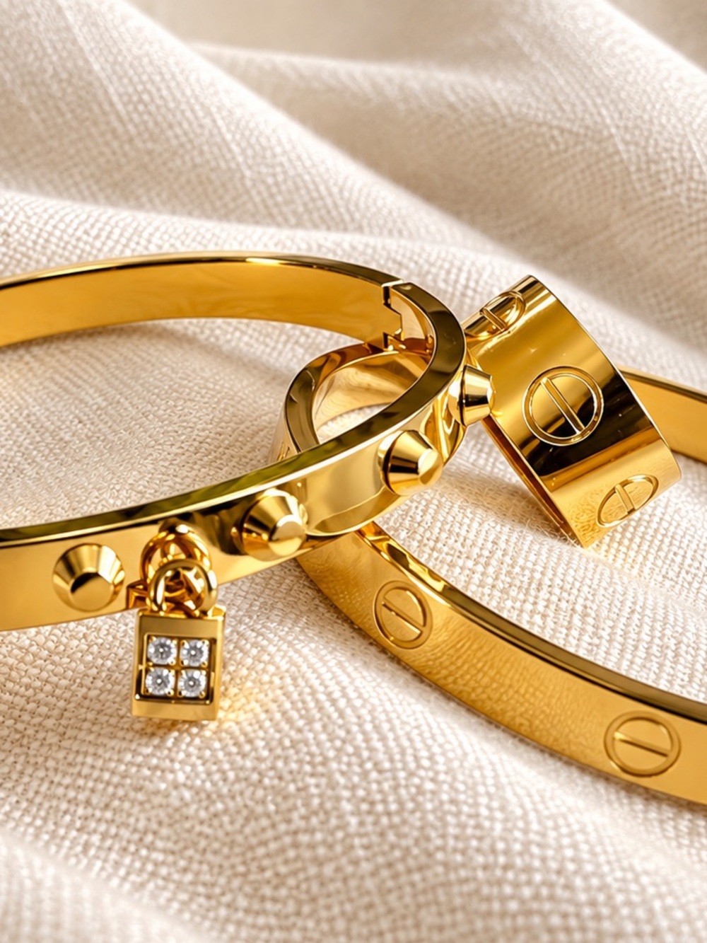 3 Pc Designer gold tone LOVE Screwdriver Bracelets + Wide Band Ring Sz 7.5-8
